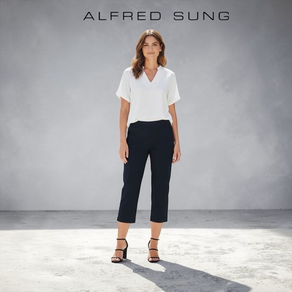 ALFRED SUNG, Black Capri Pants Cropped Stretch Dress Pants, Size 4, Pull-On